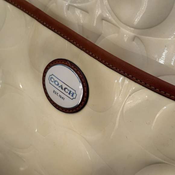 Coach Peyton Patent Leather Shoulder Tote F20028 Butter Yellow Cognac Trim Purse - Picture 5 of 14